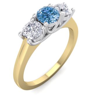1 Carat Blue Diamond Three Diamond Ring In 14 Karat Yellow Gold