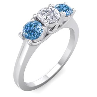 1 Carat White and Blue Diamond Three Diamond Ring In 14 Karat White Gold