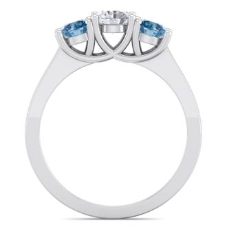 1 Carat White and Blue Diamond Three Diamond Ring In 14 Karat White Gold