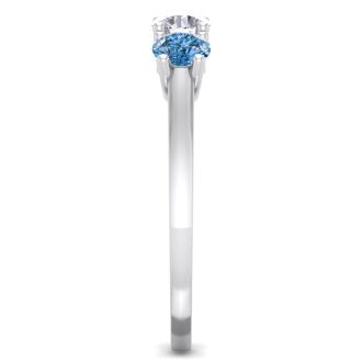 1 Carat White and Blue Diamond Three Diamond Ring In 14 Karat White Gold