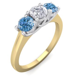1 Carat White and Blue Diamond Three Diamond Ring In 14 Karat Yellow Gold