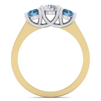 1 Carat White and Blue Diamond Three Diamond Ring In 14 Karat Yellow Gold