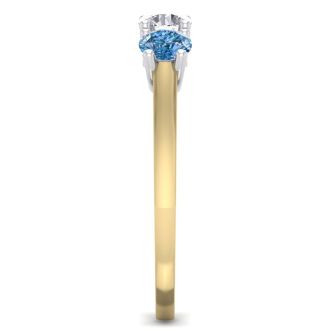 1 Carat White and Blue Diamond Three Diamond Ring In 14 Karat Yellow Gold
