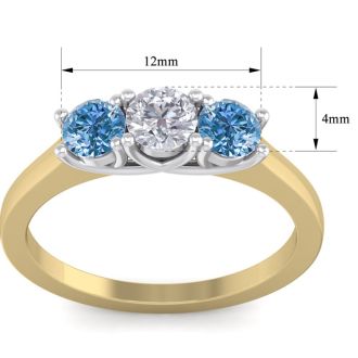 1 Carat White and Blue Diamond Three Diamond Ring In 14 Karat Yellow Gold