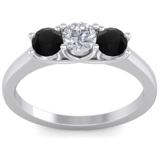 1 Carat White and Black Diamond Three Diamond Ring In 14 Karat White Gold