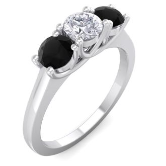 1 Carat White and Black Diamond Three Diamond Ring In 14 Karat White Gold