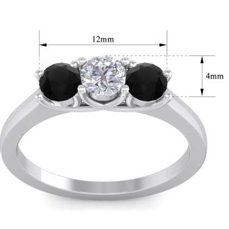 1 Carat White and Black Diamond Three Diamond Ring In 14 Karat White Gold