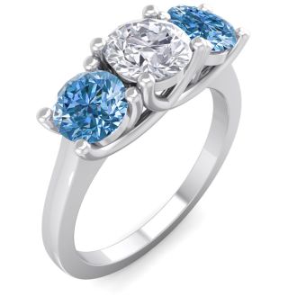 2 Carat White and Blue Diamond Three Diamond Ring In 14 Karat White Gold