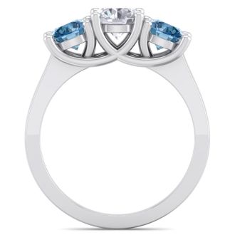 2 Carat White and Blue Diamond Three Diamond Ring In 14 Karat White Gold