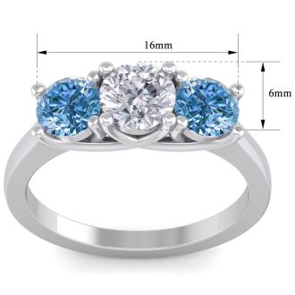 2 Carat White and Blue Diamond Three Diamond Ring In 14 Karat White Gold