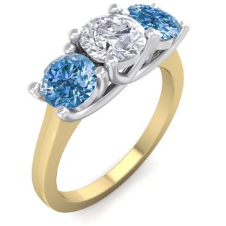 2 Carat White and Blue Diamond Three Diamond Ring In 14 Karat Yellow Gold