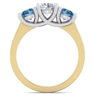 2 Carat White and Blue Diamond Three Diamond Ring In 14 Karat Yellow Gold