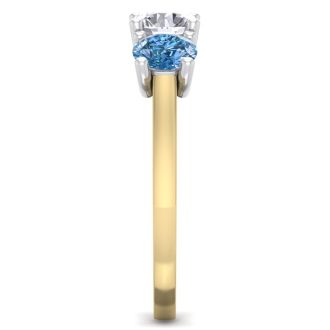 2 Carat White and Blue Diamond Three Diamond Ring In 14 Karat Yellow Gold