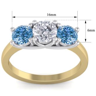 2 Carat White and Blue Diamond Three Diamond Ring In 14 Karat Yellow Gold