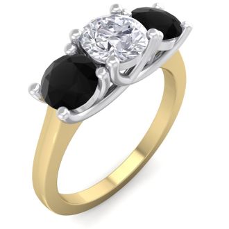 2 Carat White and Black Diamond Three Diamond Ring In 14 Karat Yellow Gold