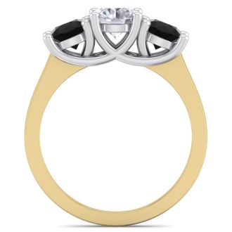 2 Carat White and Black Diamond Three Diamond Ring In 14 Karat Yellow Gold