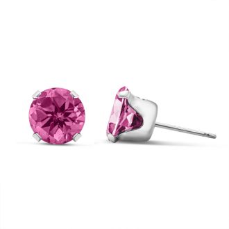 3 Carat Created Pink Sapphire Earrings In Sterling Silver, 8MM