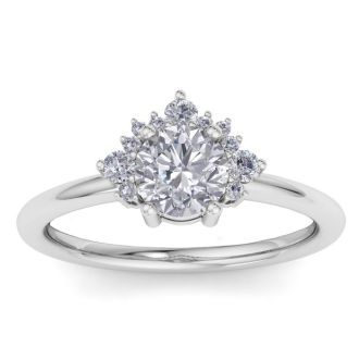 Moissanite Engagement Ring; 1 Carat Moissanite Engagement Ring With Crown In 14 Karat White Gold