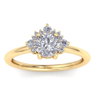 Moissanite Engagement Ring; 1 Carat Moissanite Engagement Ring With Crown In 14 Karat Yellow Gold