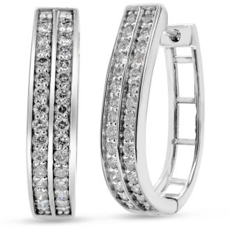 1ct Diamond Two Row Hoop Earrings In Platinum Overlay, 3/4 Inch. Brand New Item!