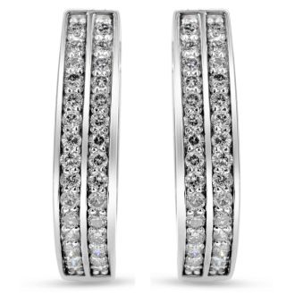 1ct Diamond Two Row Hoop Earrings In Platinum Overlay, 3/4 Inch. Brand New Item!