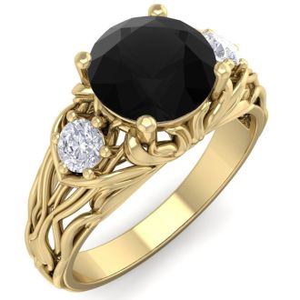 1 3/4 Carat Round Shape Black Moissanite Intricate Vine Engagement Ring In 14 Karat Yellow Gold