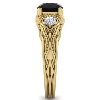 1 3/4 Carat Round Shape Black Moissanite Intricate Vine Engagement Ring In 14 Karat Yellow Gold
