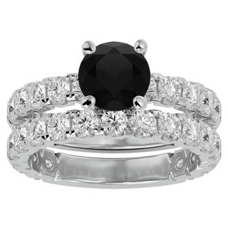 4 Carat Round Black Moissanite Bridal Set In 14 Karat White Gold