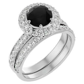 2 1/2 Carat Black Moissanite Halo Bridal Set In 14 Karat White Gold With 1 1/2 Carat Center Moissanite