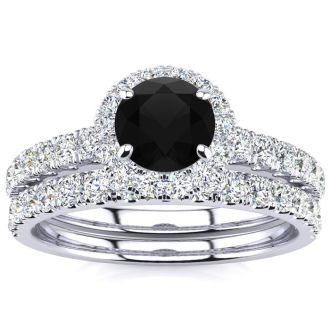 1 Carat Round Black Moissanite Halo Bridal Set In 14 Karat White Gold