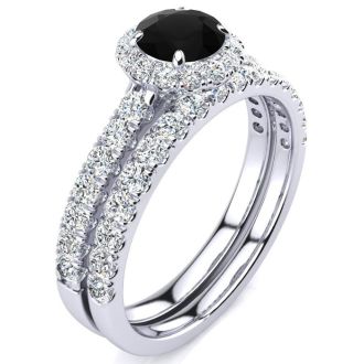 1 Carat Round Black Moissanite Halo Bridal Set In 14 Karat White Gold