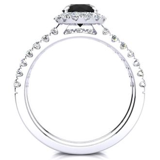 1 1/2 Carat Round Black Moissanite Halo Bridal Set In 14 Karat White Gold
