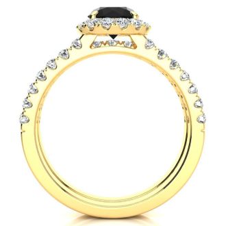 1 1/2 Carat Round Black Moissanite Halo Bridal Set In 14 Karat Yellow Gold