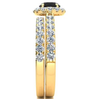 1 1/2 Carat Round Black Moissanite Halo Bridal Set In 14 Karat Yellow Gold