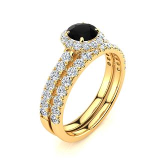 1/2 Carat Round Black Moissanite Halo Bridal Set In 14 Karat Yellow Gold