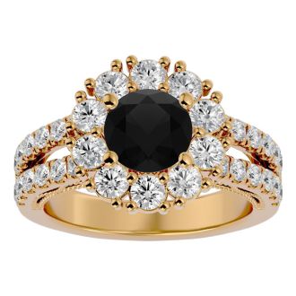 3 Carat Black Moissanite Halo Engagement Ring In 14 Karat Yellow Gold
