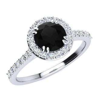 1 Carat Round Shape Halo Black Moissanite Engagement Ring In 14 Karat White Gold