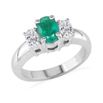 Emerald Gemstone Jewelry: 1/2ct Oval Emerald and 1/4ct Oval Diamond Ring in 14k White Gold