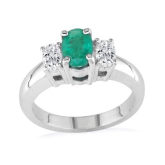 Emerald Gemstone Jewelry: 1/2ct Oval Emerald and 1/4ct Oval Diamond Ring in 14k White Gold