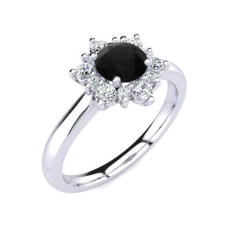 1 1/2 Carat Round Shape Flower Halo Black Diamond Engagement Ring In 14K White Gold