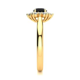 1 1/2 Carat Round Shape Flower Halo Black Diamond Engagement Ring In 14K Yellow Gold