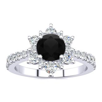 2 Carat Round Shape Flower Halo Black Diamond Engagement Ring In 14K White Gold