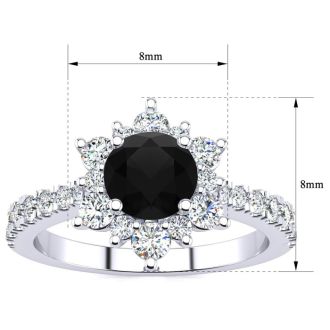 2 Carat Round Shape Flower Halo Black Diamond Engagement Ring In 14K White Gold