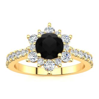 2 Carat Round Shape Flower Halo Black Diamond Engagement Ring In 14K Yellow Gold