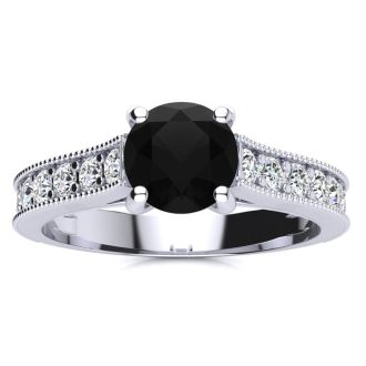1 1/2 Carat Round Shape Black Diamond Engagement Ring In 14 Karat White Gold