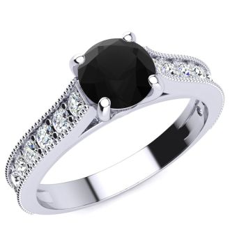 1 1/2 Carat Round Shape Black Diamond Engagement Ring In 14 Karat White Gold