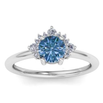 1 Carat Blue Diamond Engagement Ring With Crown In 14 Karat White Gold