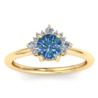 1 Carat Blue Diamond Engagement Ring With Crown In 14 Karat Yellow Gold
