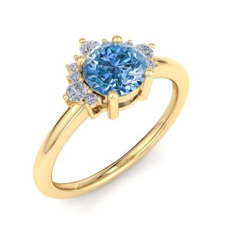 1 Carat Blue Diamond Engagement Ring With Crown In 14 Karat Yellow Gold