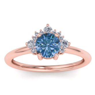 1 Carat Blue Diamond Engagement Ring With Crown In 14 Karat Rose Gold